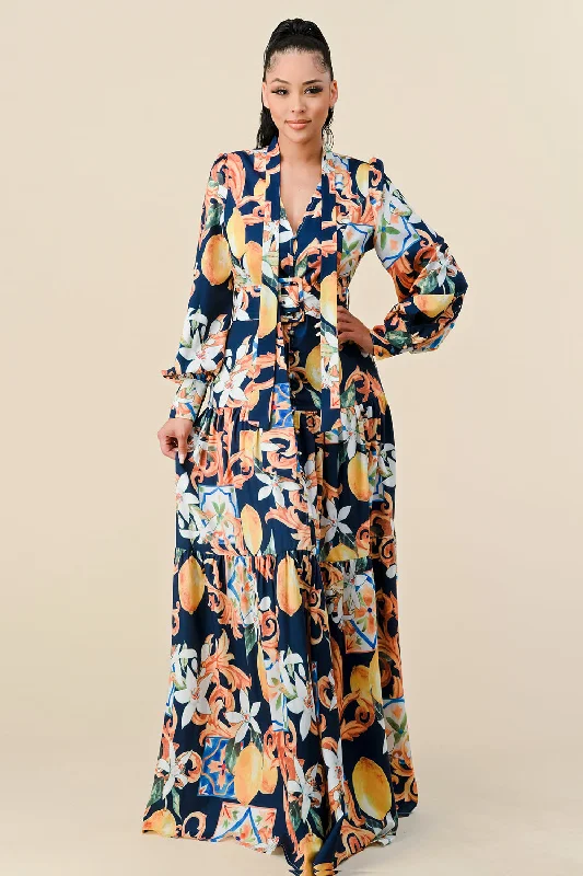 Fashion Sale Long Sleeve V Neck Print Maxi Dress