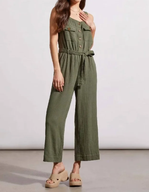 Refined Simplicity Cotton Gauze Belted Jumpsuit In Fern Green