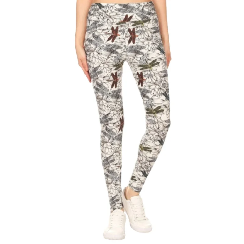 Evening Elegance Yoga Style Banded Lined Dragonfly Print, Full Length Leggings In A Slim Fitting Style With A Banded High Waist