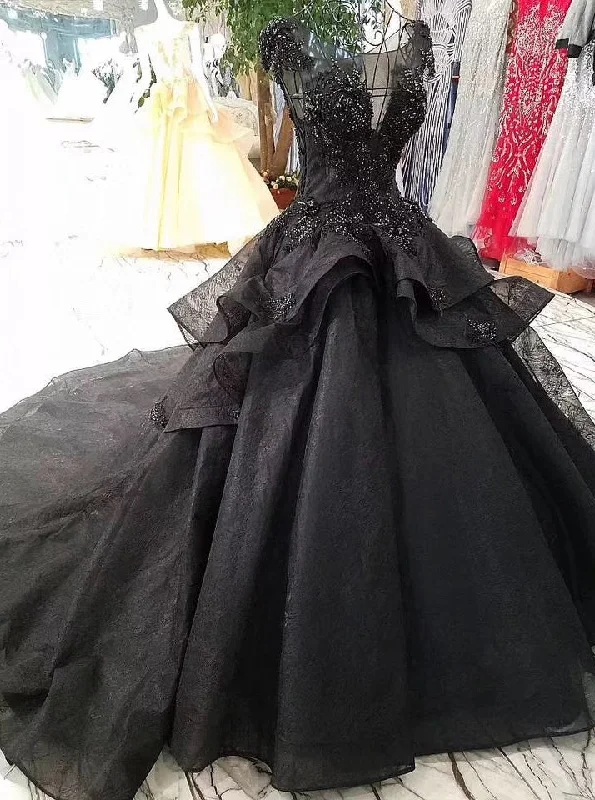 Evening Elegance Cap Sleeves Black Ball Gown Prom Dresses, Long Bridal Dress with Beads OP877