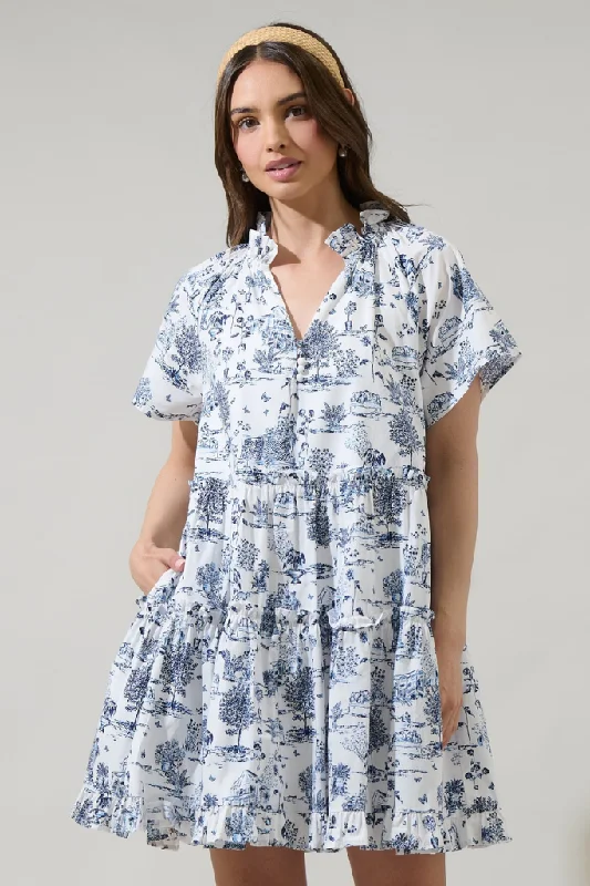 Cottagecore Rustic Charm Style Renzo Toile Poplin Tiered Mini Dress