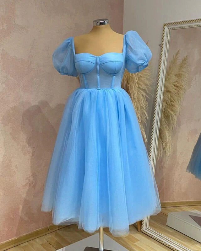 Romantic Date - Night Ensemble Blue Tulle Puffy Sleeve Midi Dress A-Line Princess Prom Dresses