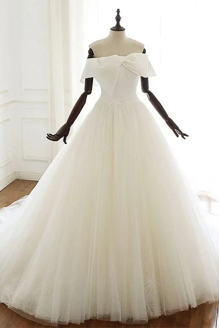 Classic Charm Off The Shoulder Lace Up Ivory Tulle Wedding Dress Elegant Bridal Gowns Y0062