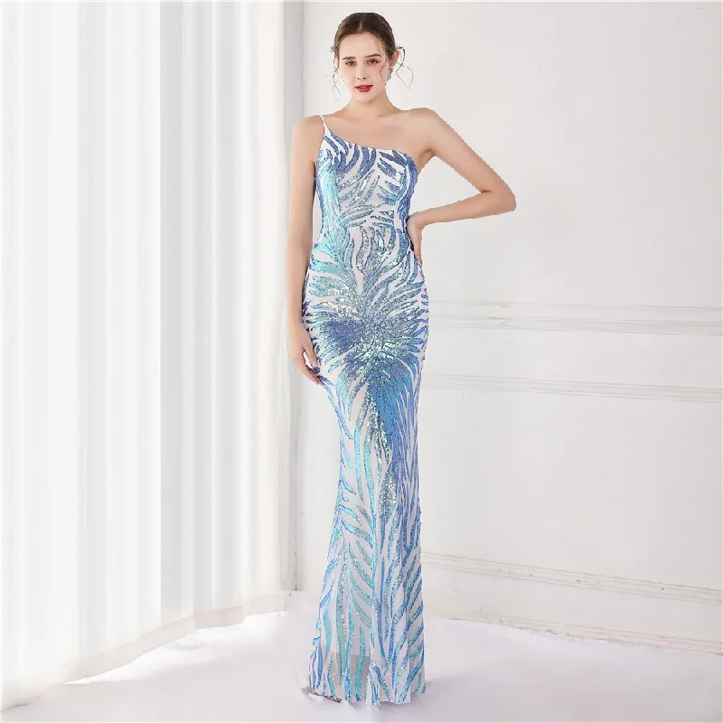 Pastel Styles BerriesJam - Elegant One Shoulder Mermaid Sequin Flower Party Maxi Dress