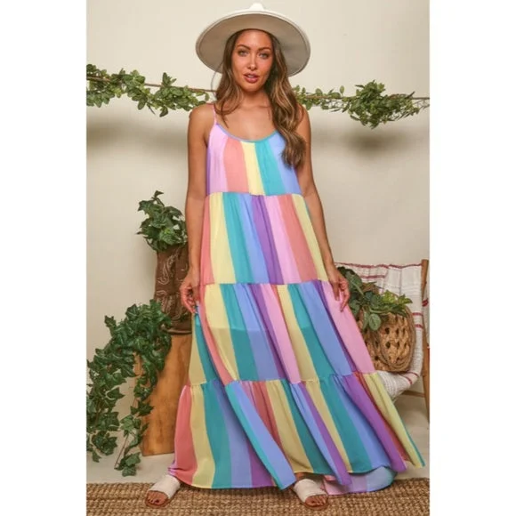 Wardrobe Upgrade Rainbow Colorful Multi Color Bright Striped Tiered Tie Shoulder Maxi Dress