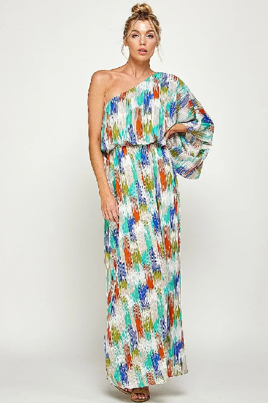 Limited Time Offer Long One Shoulder Brushed Print Maxi Dress