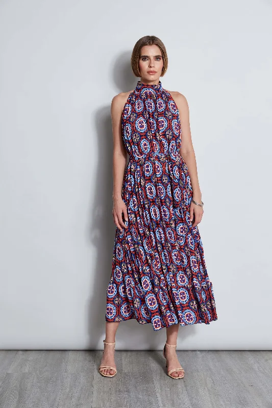 Casual Chic Clothing T-Tahari Pleated Print Halter Midi Dress