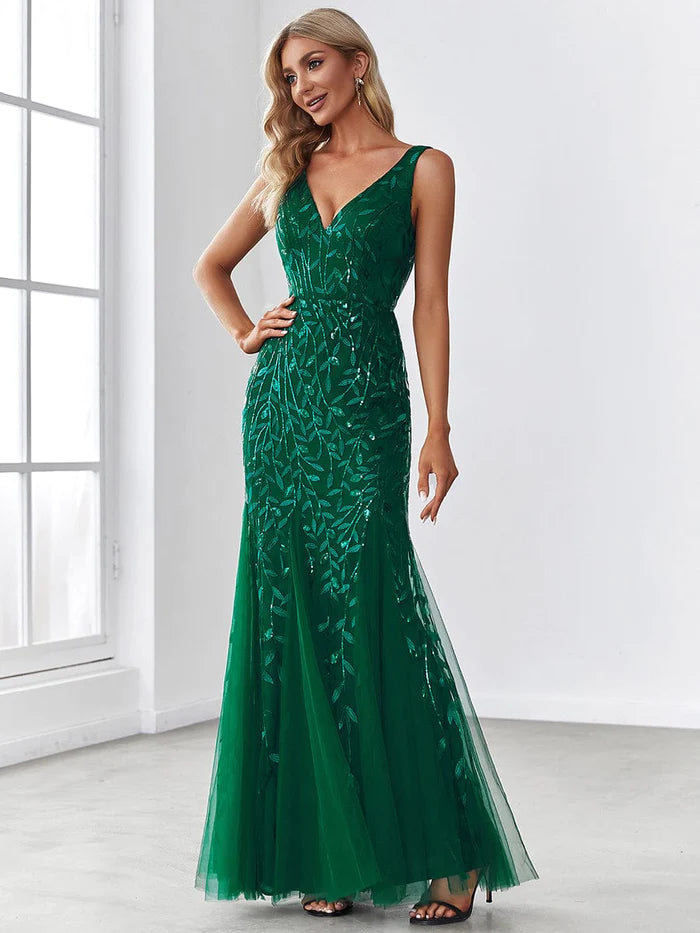 Day-To-Night Styles Sexy Double V-Neck Mermaid Sequin Evening Maxi Dress for Women