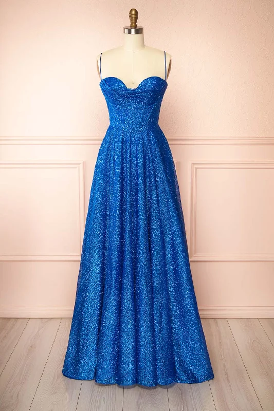 Feminine Charm Lexy Blue | Sparkly Cowl Neck Maxi Dress