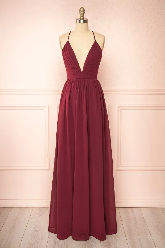 Luxury Style Haley Burgundy | Deep V-Neck Chiffon Maxi Dress