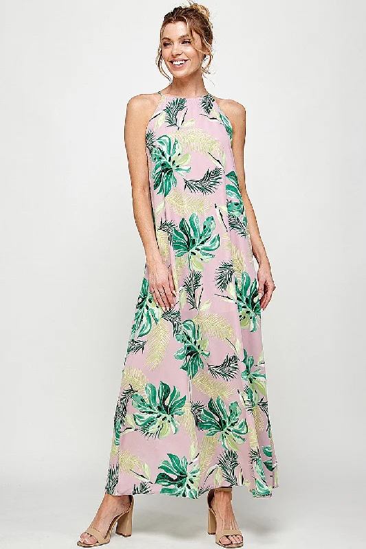 Fashion For Every Occasion Long Halter Neck Tropical Print Maxi Dress