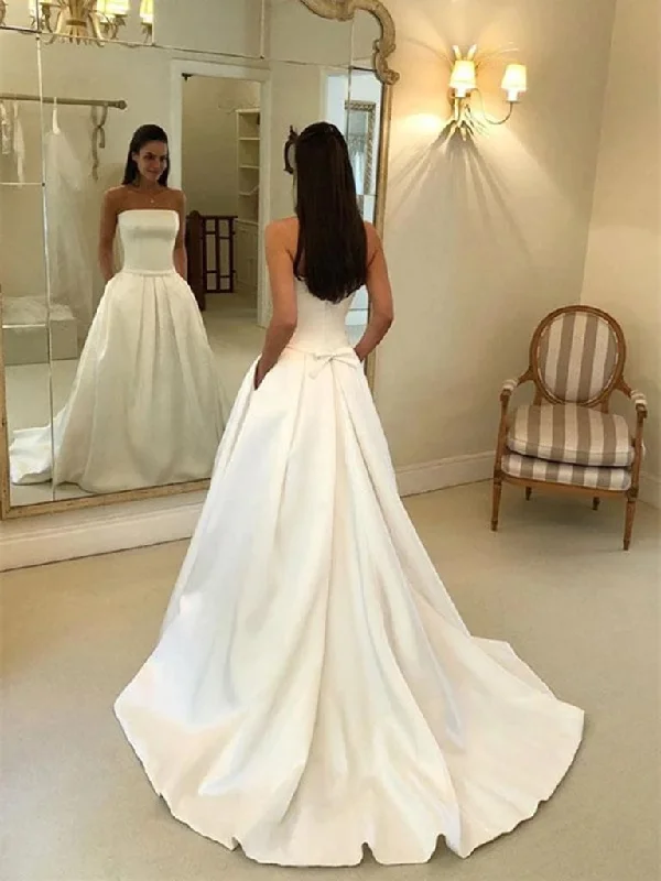 Season Sale Simple Satin Strapless Wedding Dresses, Long Bridal Dress with Pockets OW506