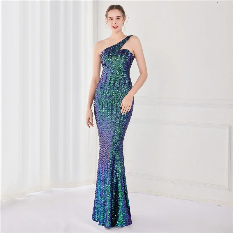 Limited - Edition Drops BerriesJam - 2024 One Shoulder Sleeveless Sequin Party Formal Maxi Dress