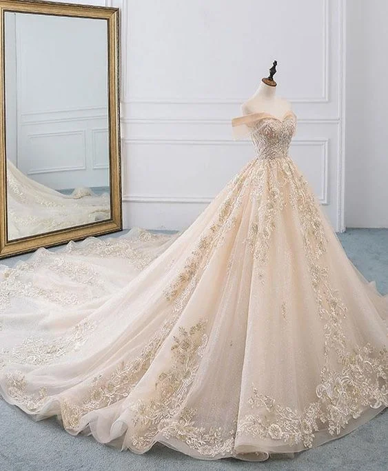 Chic Allure Champagne off shoulder tulle lace long wedding dress, wedding gown Prom Dresses    cg16350