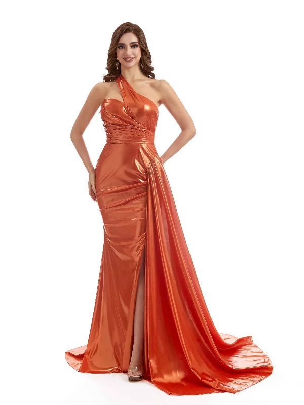 Today Only One shoulder Sexy Side Split Mermaid Pleated Metallic Maxi Dresses Online