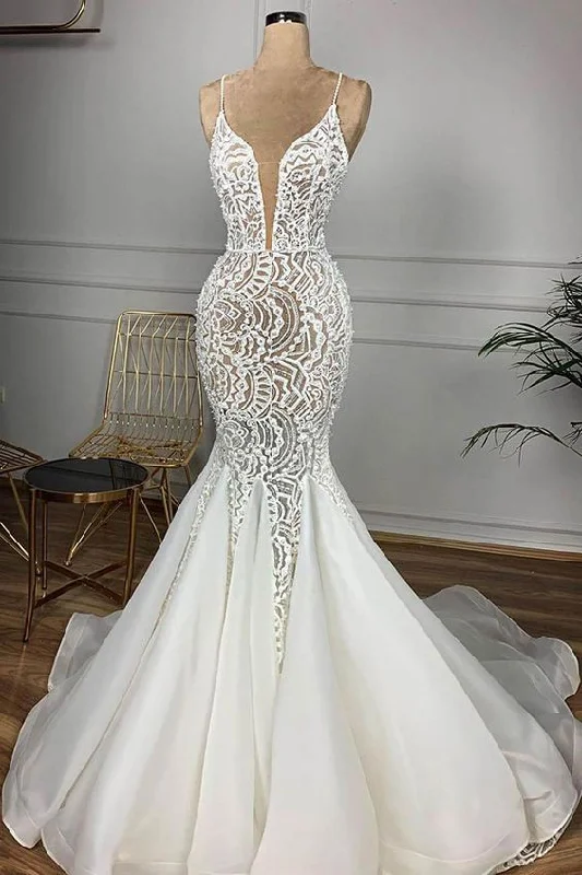 Fashion Sale Spaghetti Straps Lace Wedding Dresses Ivory Sleeveless Bridal Gowns With Appliques Prom Dress    cg23191