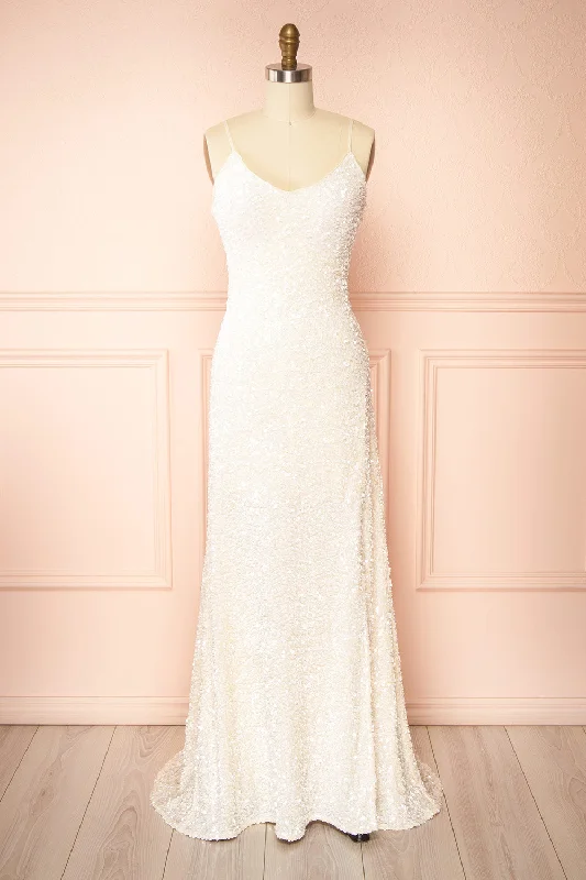 Feminine Allure Lhodia | Ivory Sequin Maxi Dress w/ Slit