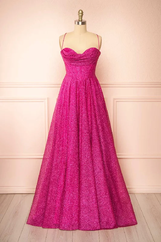 Soft Textures Lexy Fuchsia | Sparkly Cowl Neck Maxi Dress