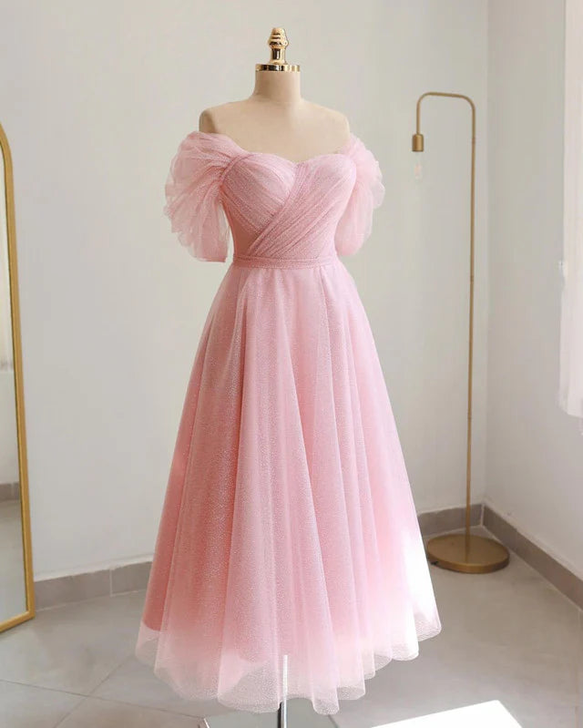 Minimalist Office - Ready Style Pink Glitter Tulle Midi Dress Off Shoulder A-Line Princess Prom Dresses