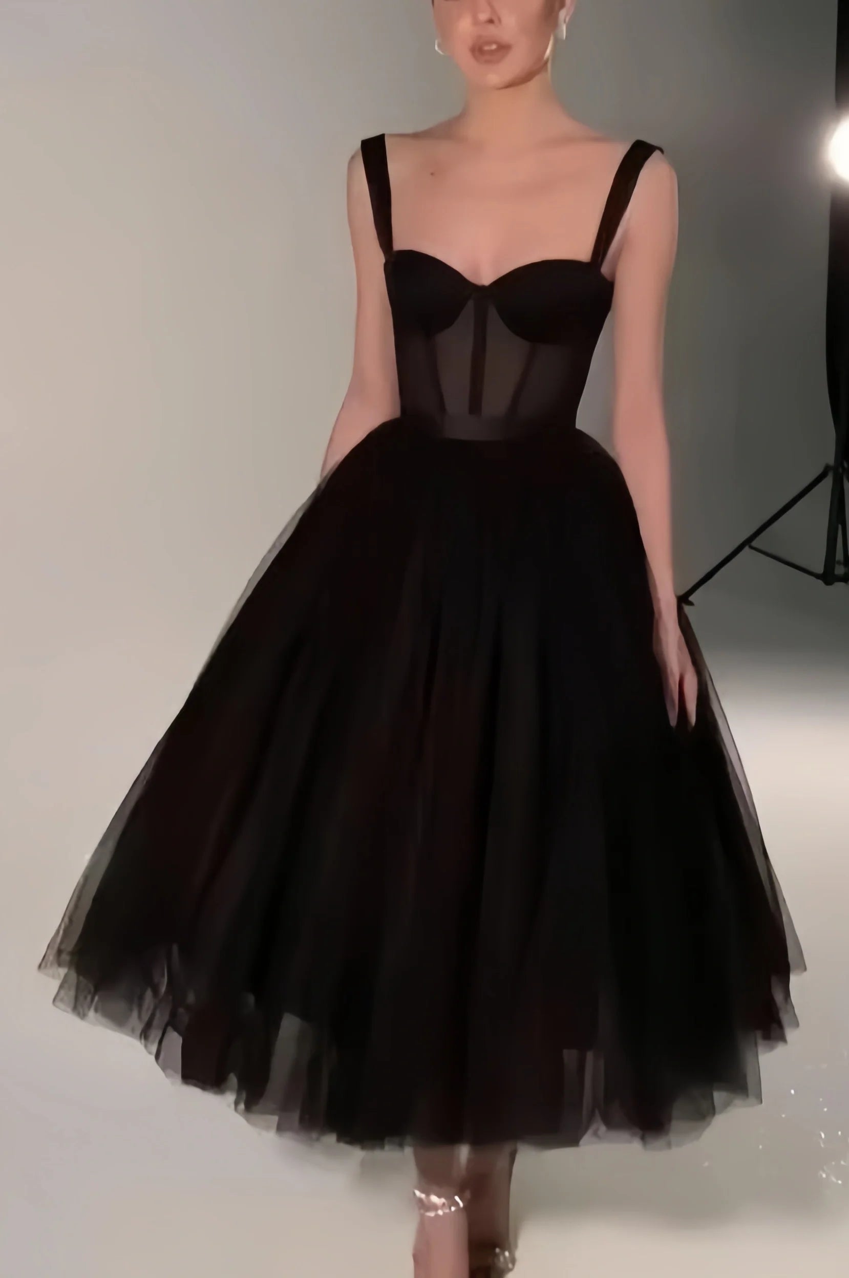 Fashion Deal Black Midi Dress Tulle Prom Dress Black Formal Dresses A-line Evening Dresses