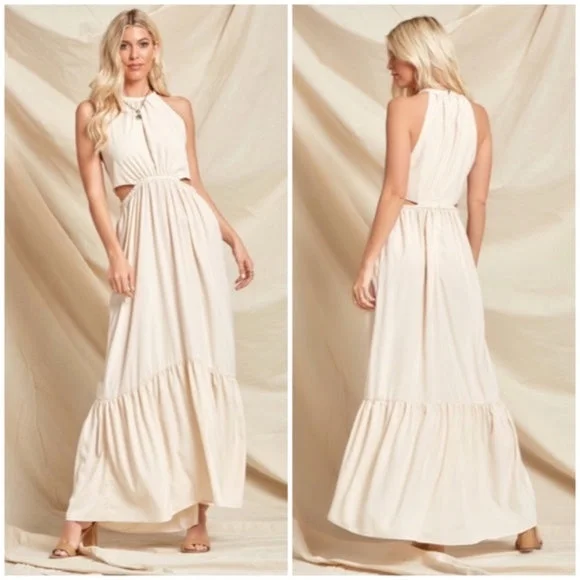 Trend Alert Bohemian Cream Solid Cut Out Waist Full Long Length Maxi Dress Women's