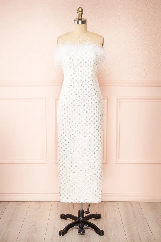 Contemporary Chic Mayurika | White Strapless Sequin Midi Dress w/ Feathers