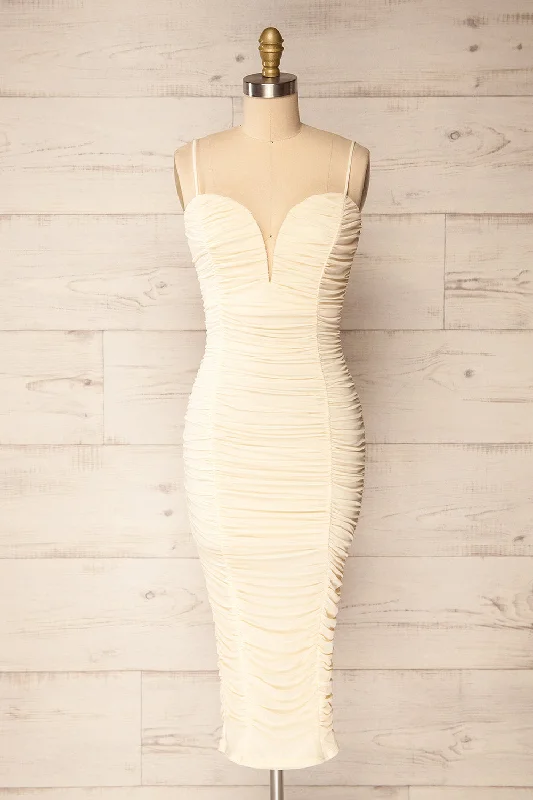 Classic Appeal Caen Ivory | Ruched Fitted Midi Dress