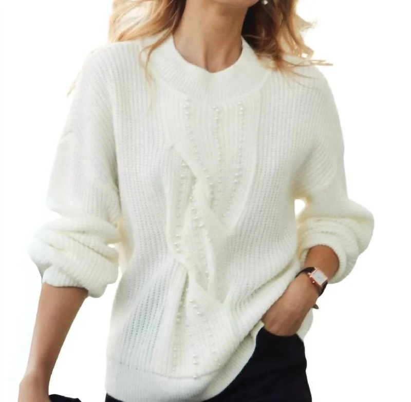 Y2K Nostalgic Fashion Look Pearl Embellished Cable Sweater In Ivory