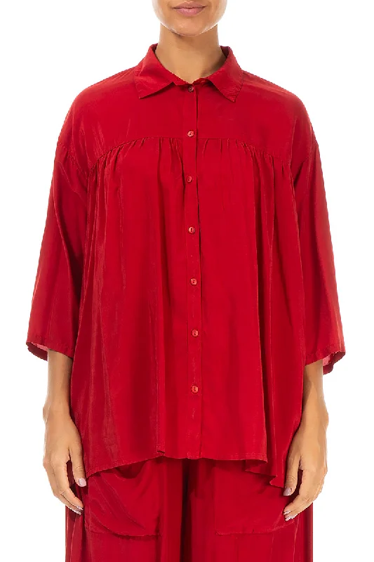 Art Deco Geometric Pattern Look Button-Up Red Silk Bamboo Shirt