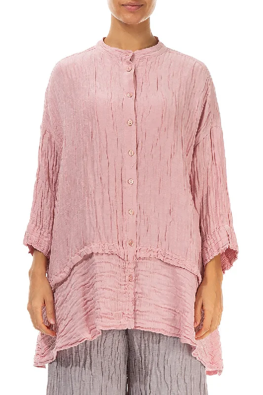 Contemporary Elegance Flared Crinkled Powder Pink Silk Shirt