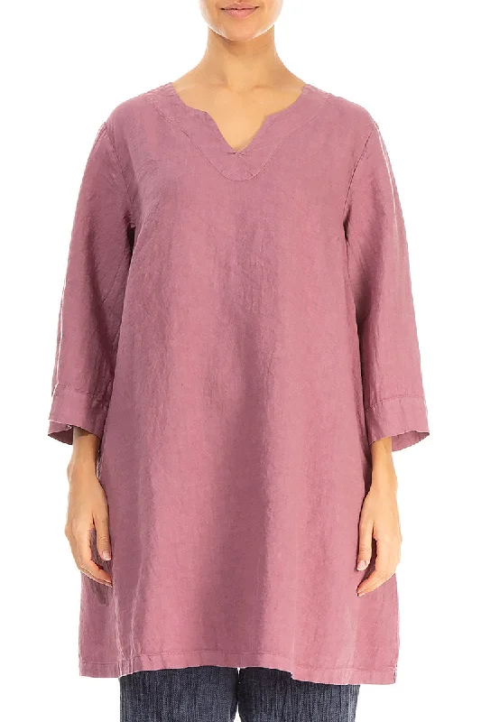 Polished Finish V-Neck Mauve Taupe Linen Tunic