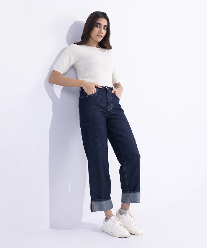 Vintage Retro Party Wear Straight Fit Denim with Turn-Up Hem