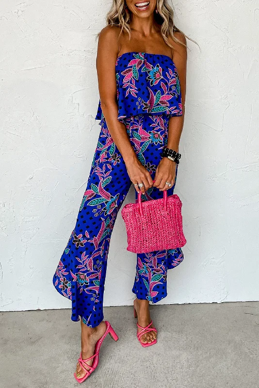 Cool Prices Mix Tropical Print Strapless Ruffled Jumpsuit