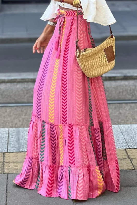 Hot Trends Pink Boho Printed Tasseled Drawstring Ruffled Maxi Skirt