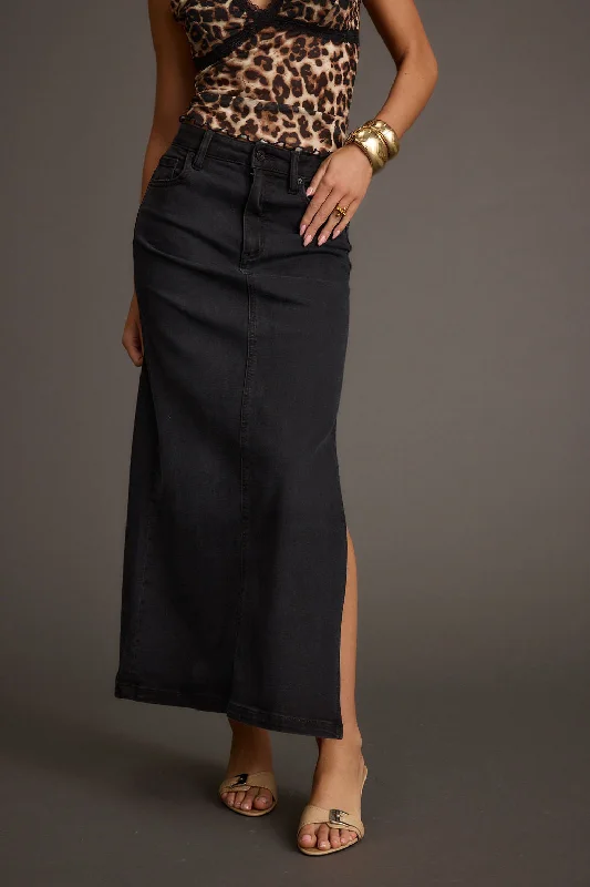 Summer Splash Sale Wilder Black Stretch Denim Maxi Skirt