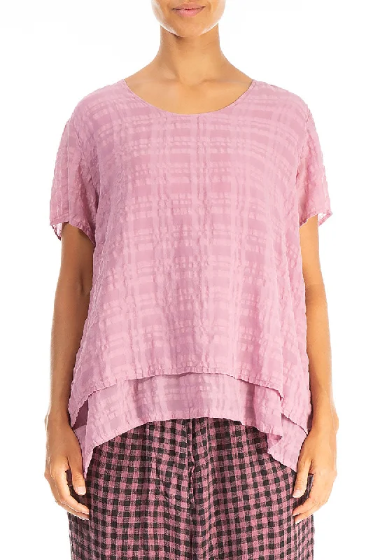 Everyday Glamour Layered Mauve Taupe Checkered Silk Cotton Blouse