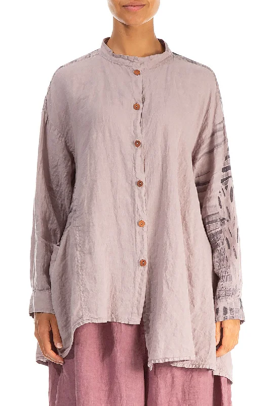 Graceful Cut Asymmetrical Greige Printed Back Linen Shirt