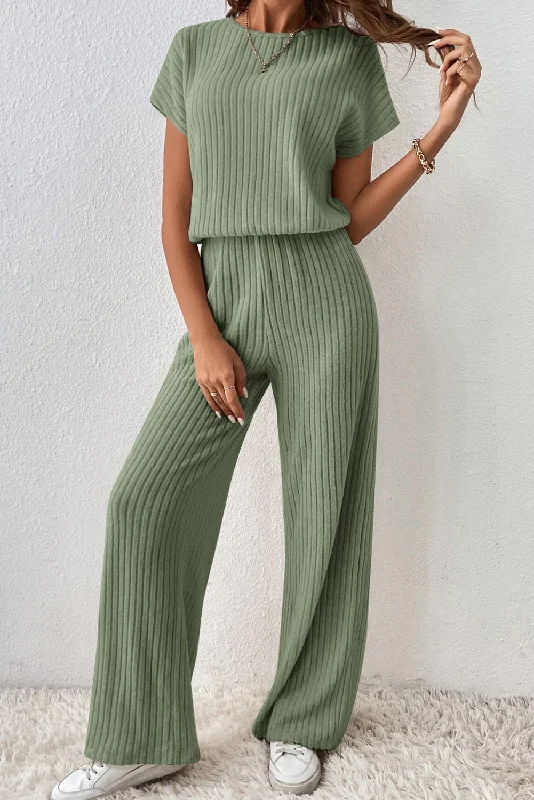 Flash Sale Solid Color Ribbed Short Sleeve Wide Leg Jumpsuit