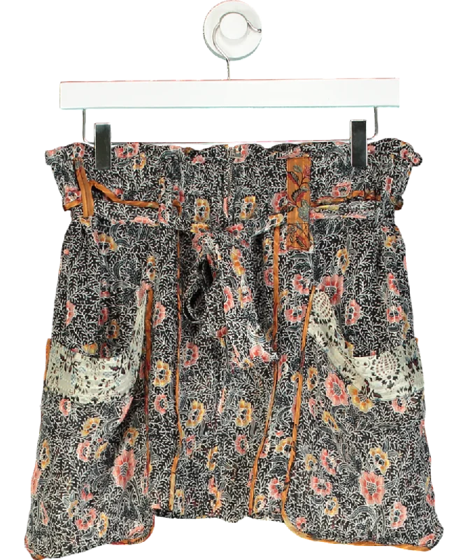 Feminine Flow Isabel Marant Black Floral Print Silk Belted Mini Skirt UK 10