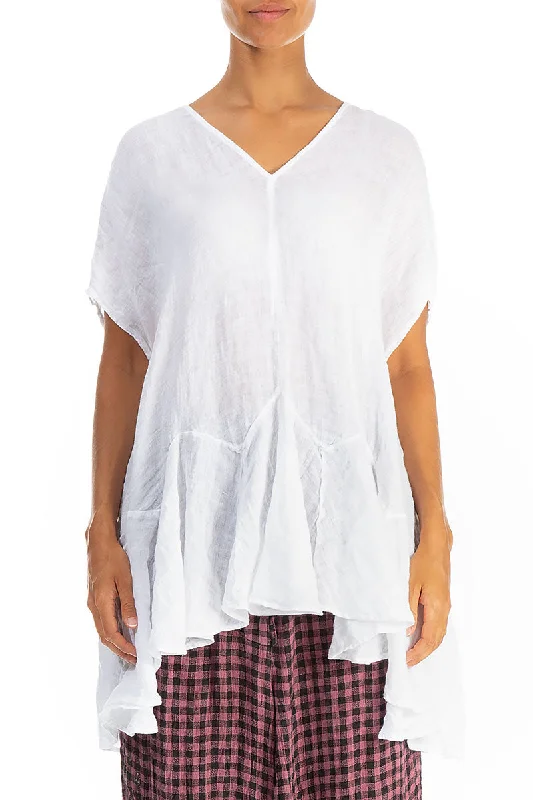 Flowy Fabric Ruffled White Gauze Linen Blouse