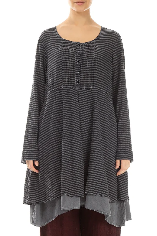 Elegant Details Flared Checkered Anthracite Silk Tunic