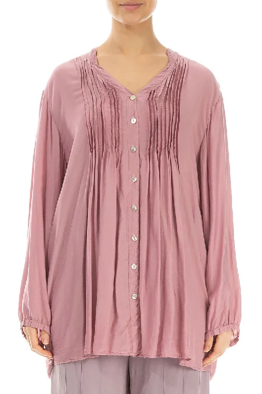 Casual Weekend Relaxed Style Tucks Front Dusty Rose Silk Bamboo Shirt